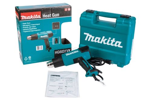 Термопистолет (фен) MAKITA HG6031VK, 1800Вт, 50-600 градусов, 250-500л/мин, 0.7кг чемодан, 4 насадки