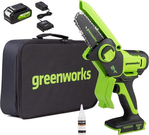 Аккумуляторная цепная мини-пила Greenworks G24MCS10K2, 24В, 10 см (1х2Ач АКБ и ЗУ)