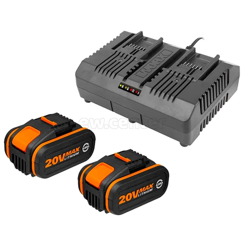 Комплект WORX WA3611, 20В: 2 аккумулятора 4Ач и двойное зарядное устройство в 4А (2А+2А)