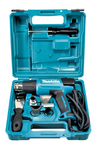 Термопистолет (фен) MAKITA HG6031VK, 1800Вт, 50-600 градусов, 250-500л/мин, 0.7кг чемодан, 4 насадки