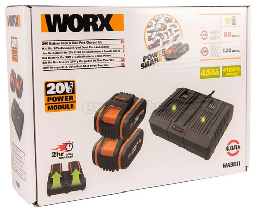 Комплект WORX WA3611, 20В: 2 аккумулятора 4Ач и двойное зарядное устройство в 4А (2А+2А)