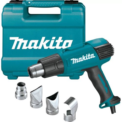 Термопистолет (фен) MAKITA HG6031VK, 1800Вт, 50-600 градусов, 250-500л/мин, 0.7кг чемодан, 4 насадки