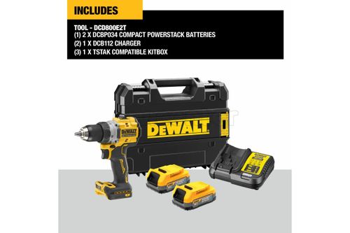 Акк. дрель-шуруповерт DEWALT DCD800E2T, кейс, 18В, 2 АКБ 1.7 Ач, ЗУ